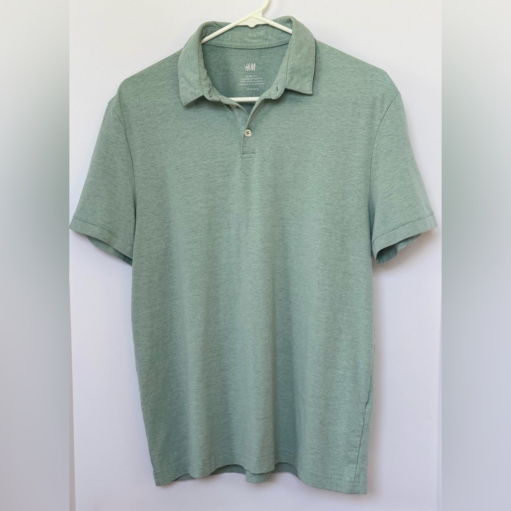 H&M Heathered Blue-Green Polo Slim Fit Stretch Size M